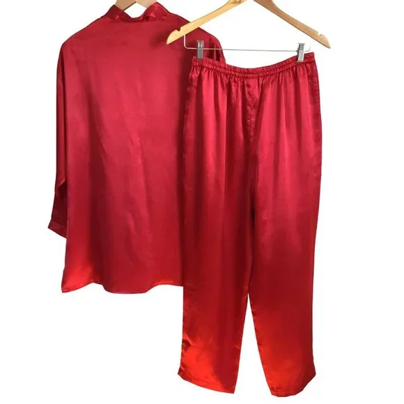 VTG Lingerie Cacique Red Satin Women 2 Pajama Set Mandarin Collar Frog Closure M - Picture 2 of 13